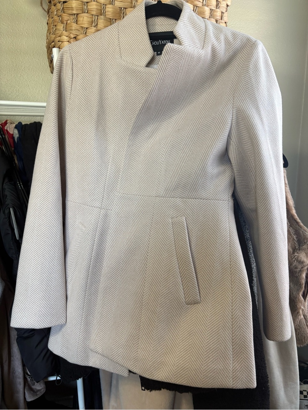 Tahari Light Gray Herringbone Wool-Blend Stand Collar Jacket - Picture 1 of 2